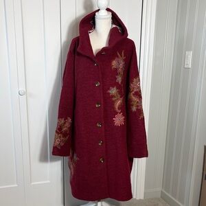 Sundance XXL Wool Embroidered Burgundy Hooded Coat